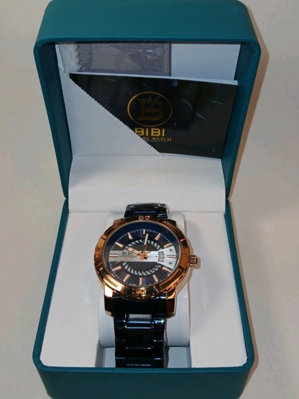​BIBI Chronometer Mens Quartz Watch Blue Rose Gold Steel Link Band New Box